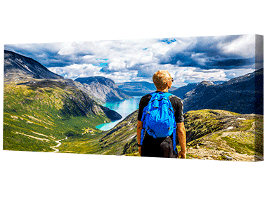 Panoramic canvas depicting a landscape photo taken from a hill top