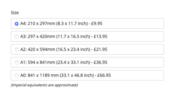 Image showing the list of print sizes