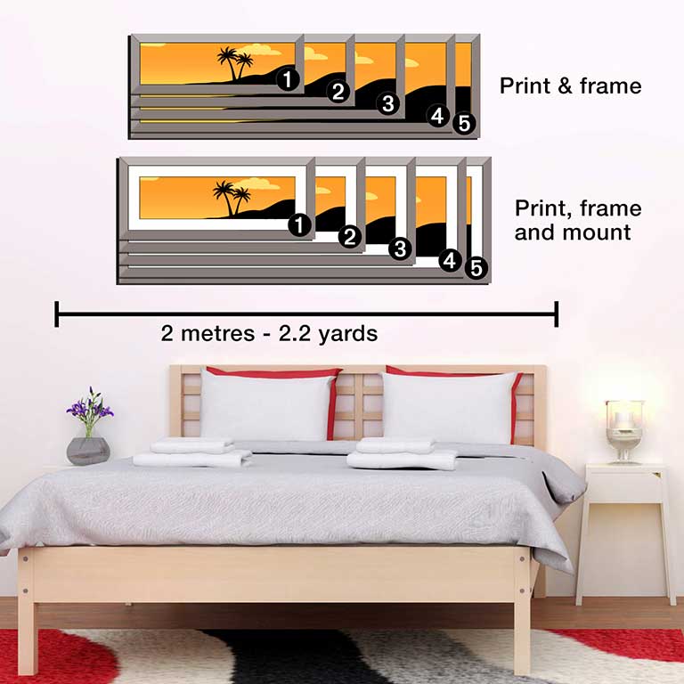 Panoramic picture frame of palm trees in bedroom
